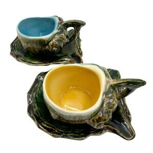 Majolica Tea Cup and Saucers Vintage Barbotine Shell Oyster Green Glaze Pair